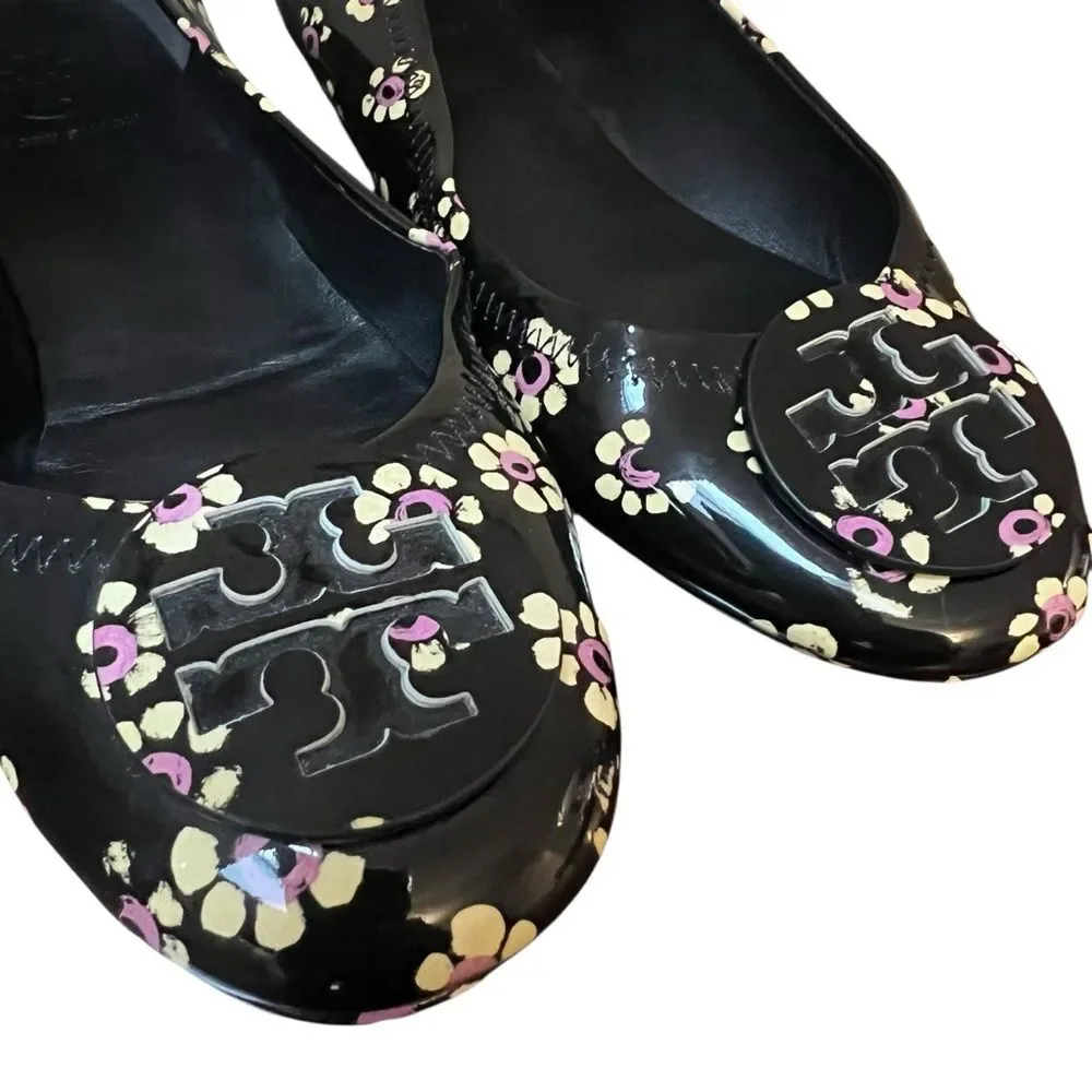 Tory Burch Minnie Travel Ballet Flats Black Patent Floral Print US 6.5